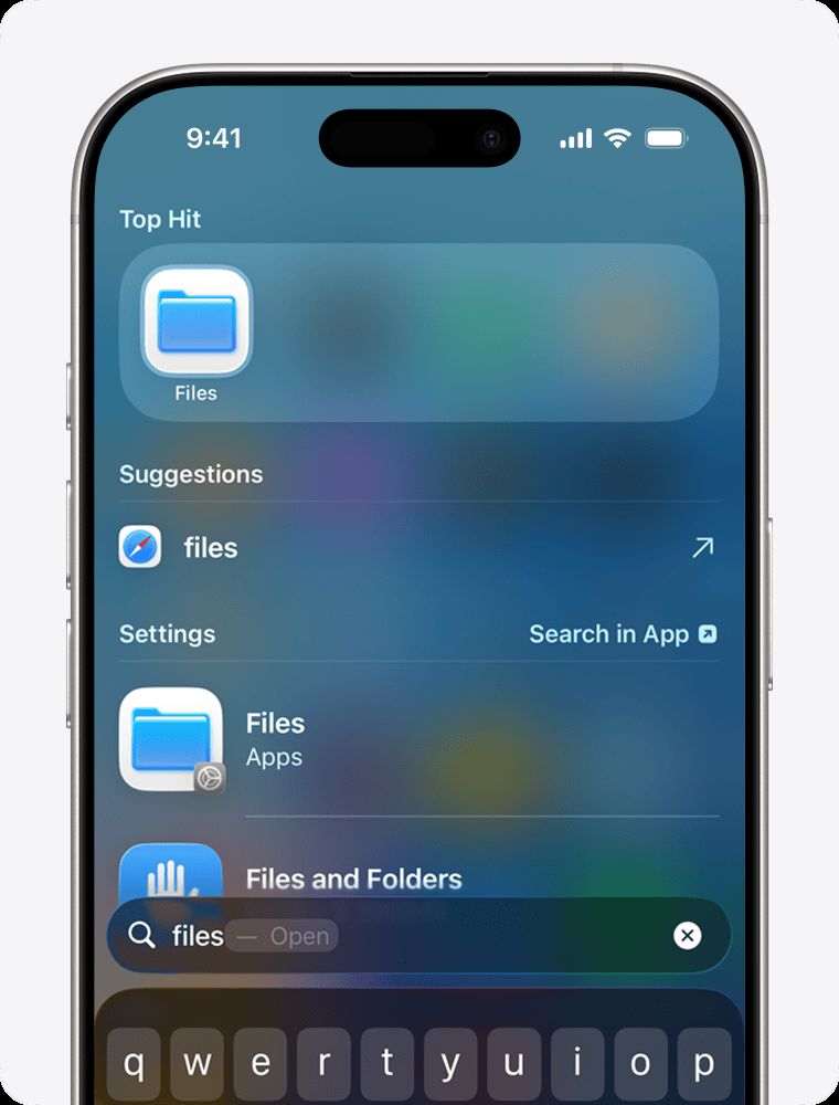 iPhone Spotlight search showing the Files app as the Top Hit.