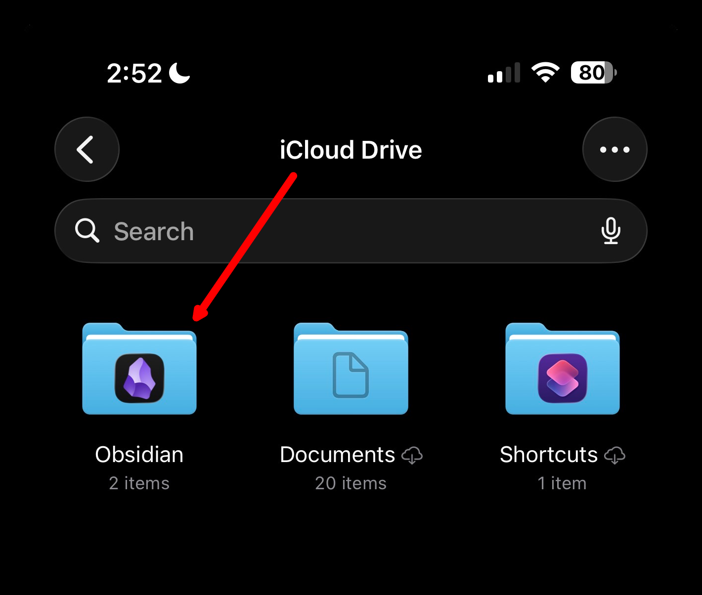 iCloud Drive view in Files showing the Obsidian folder, Documents, and Shortcuts, with a red arrow pointing to Obsidian.