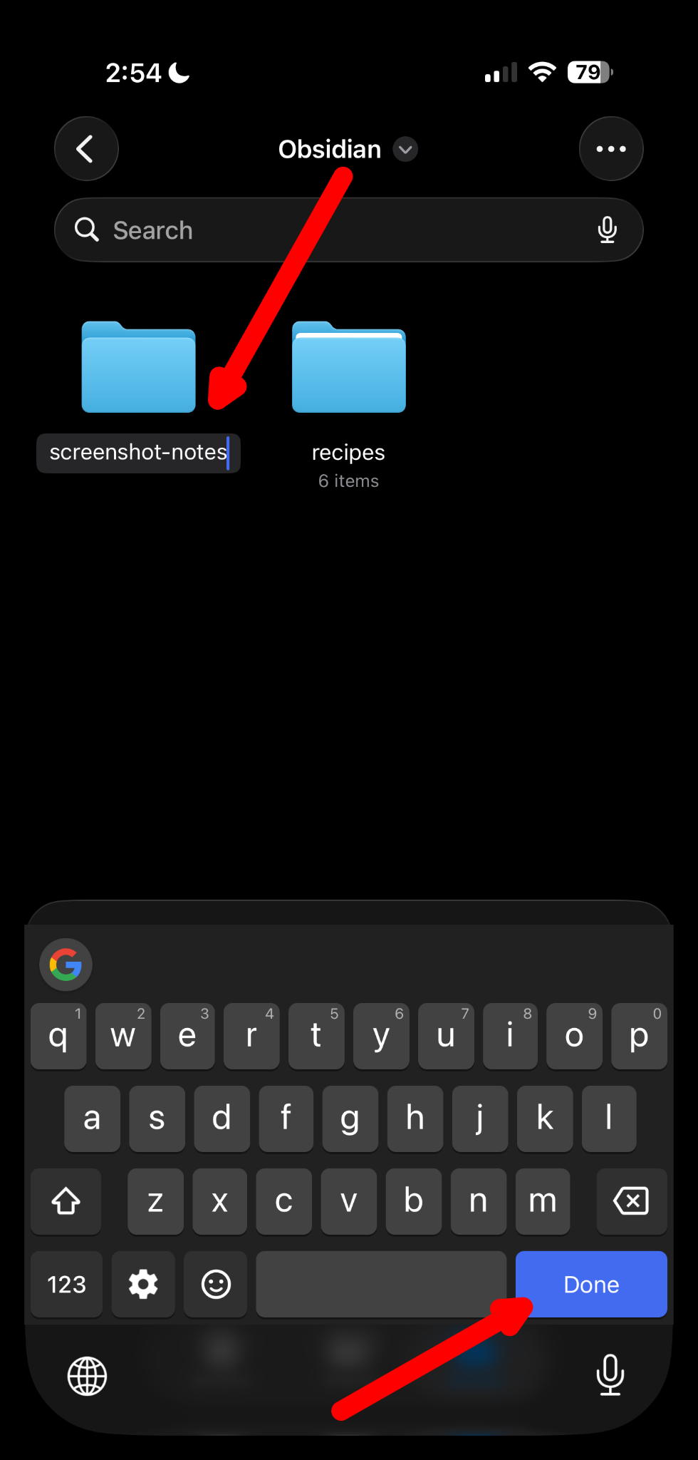 iPhone keyboard with the blue Done key highlighted by a red arrow.