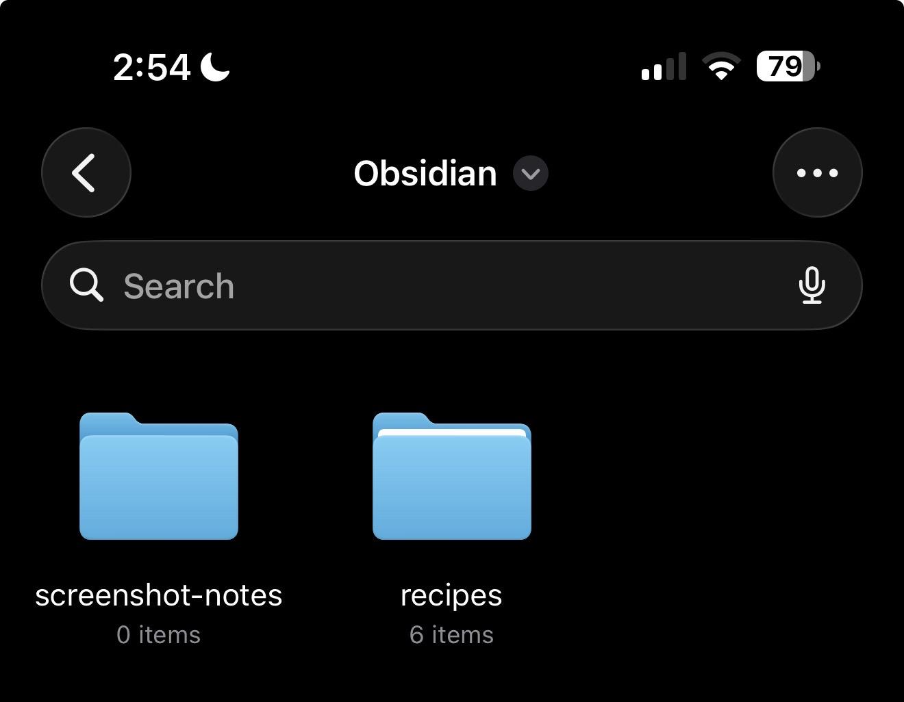 Obsidian folder in Files now showing a new screenshot-notes folder alongside the existing recipes folder.