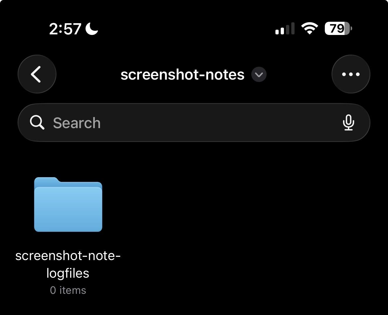 Inside the screenshot-notes folder, now containing a single subfolder named screenshot-note-logfiles.