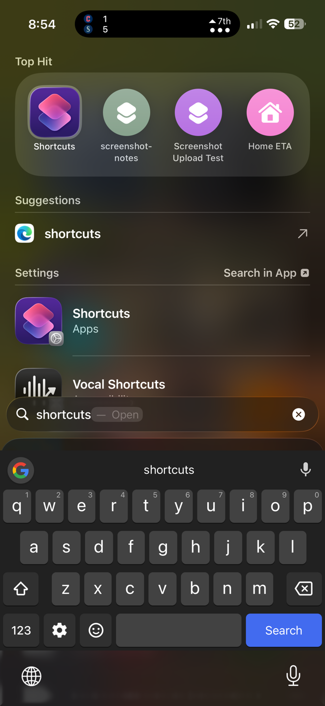 iPhone Spotlight search result showing Shortcuts as a Top Hit app, alongside the screenshot-notes shortcut suggestion.