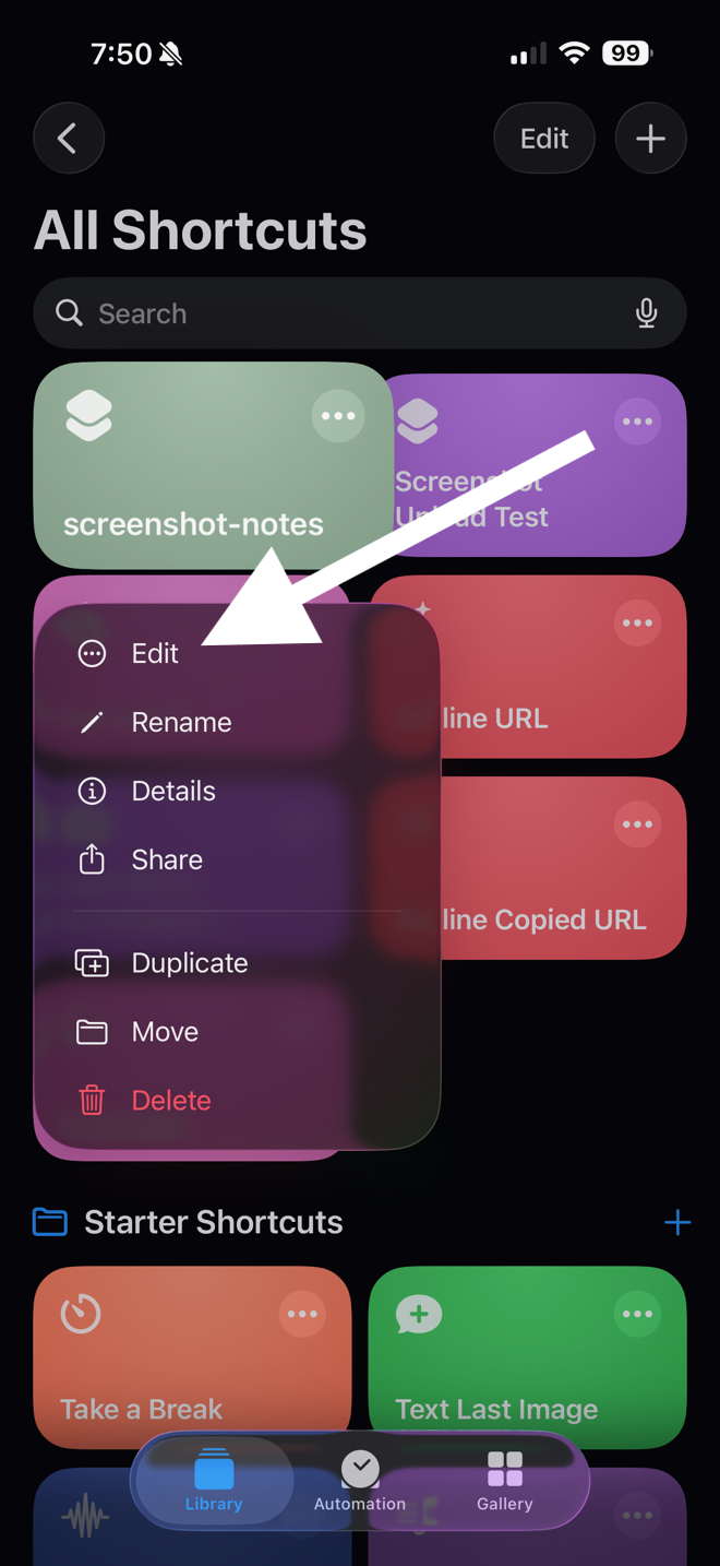 All Shortcuts list with a long-press context menu open on the screenshot-notes shortcut. A white arrow points to the Edit item at the top of the menu.