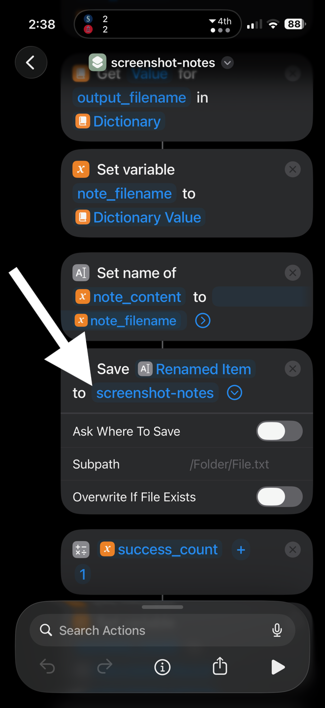 Close-up of the Save action showing 'Save Renamed Item to screenshot-notes', an Ask Where To Save toggle (off), a Subpath placeholder, and an Overwrite If File Exists toggle. A white arrow points to the screenshot-notes destination field.