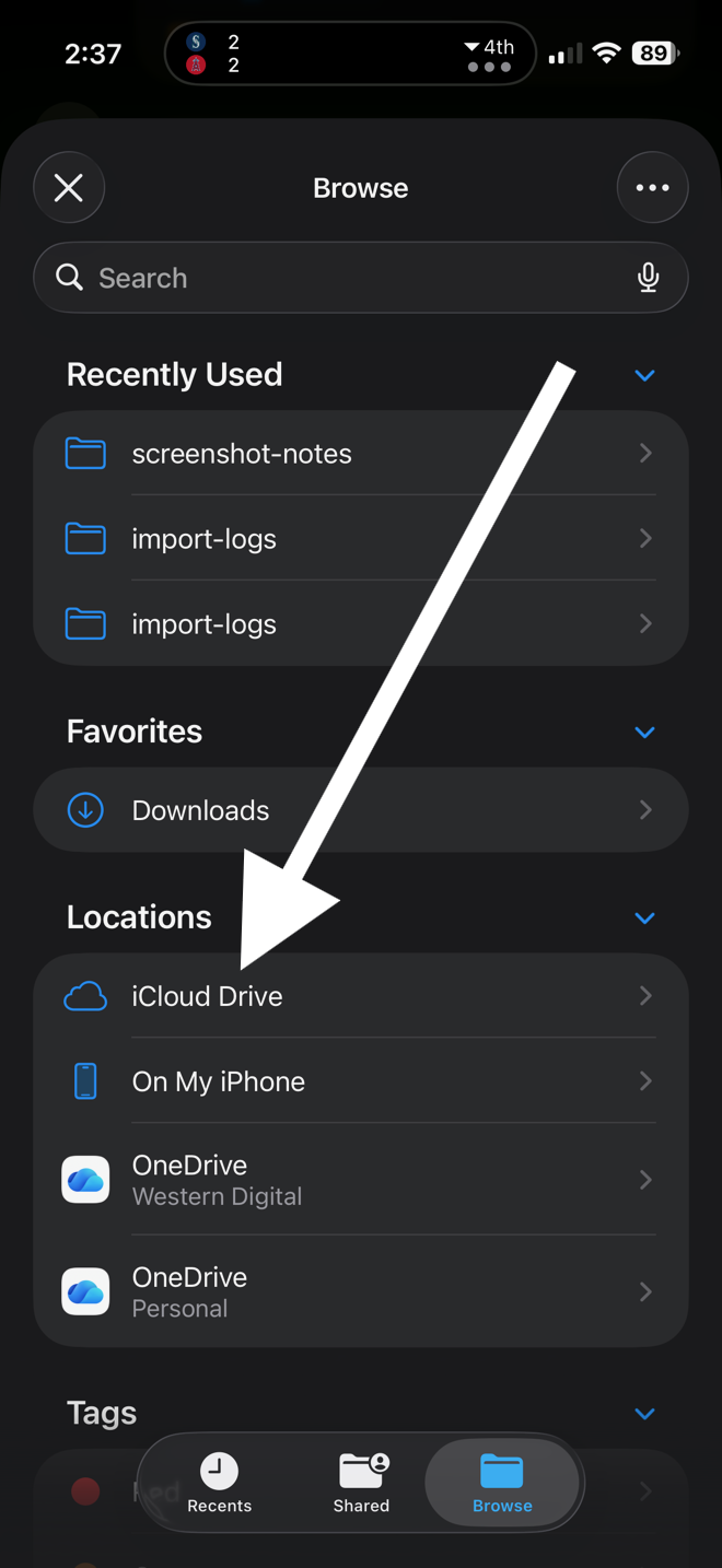 Browse view in the folder picker, showing Recently Used, Favorites, and Locations sections. A white arrow points to iCloud Drive under Locations.