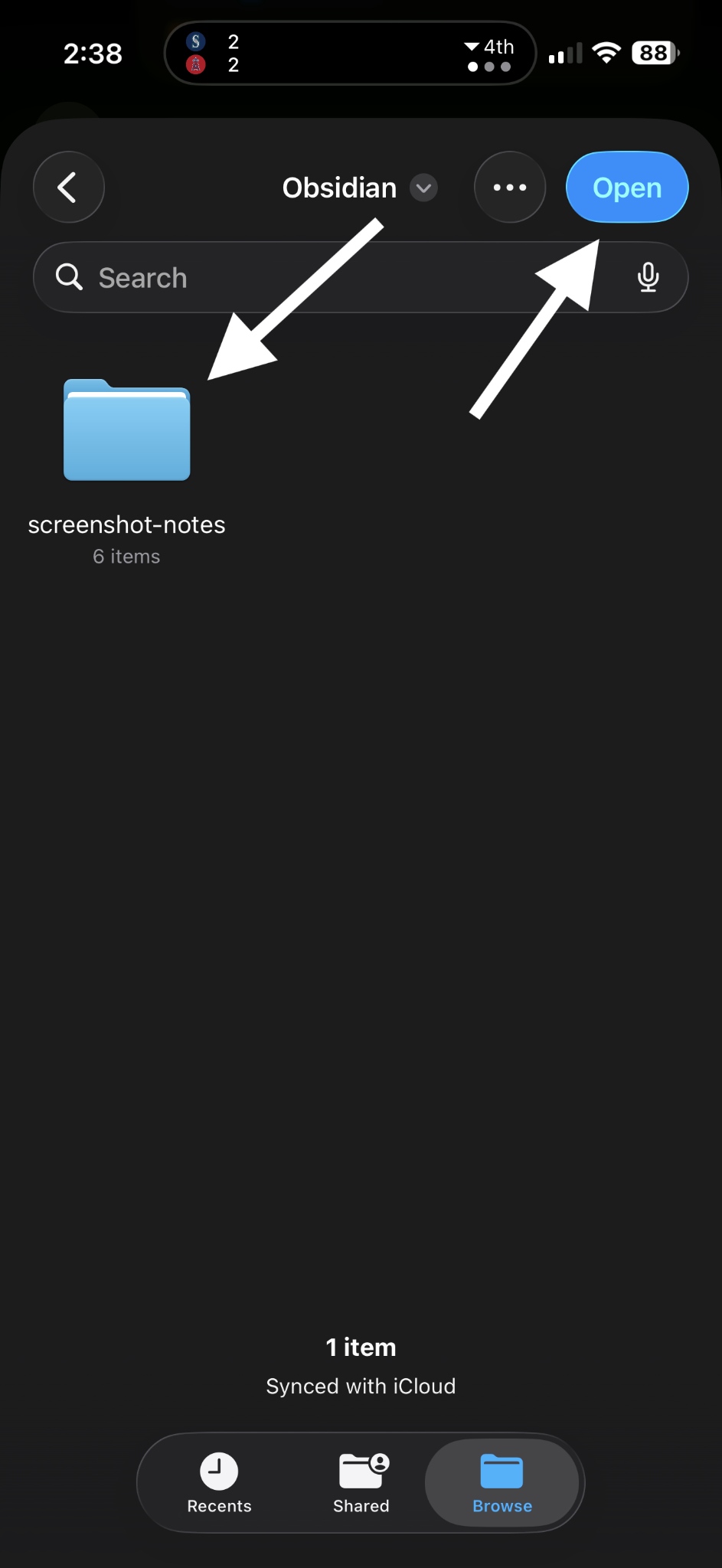 Inside the Obsidian folder, showing the screenshot-notes subfolder selected with the Open button highlighted. A white arrow points to the Open button.
