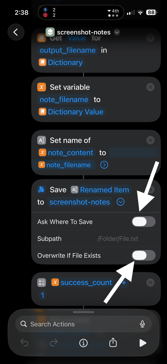 Close-up of a Save action with Ask Where To Save toggle off, Subpath blank, and Overwrite If File Exists toggle off. White arrows point to both toggles confirming they are off.