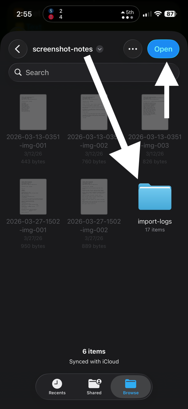 Inside the screenshot-notes folder, showing several recent note files plus an import-logs subfolder in the bottom-right corner.